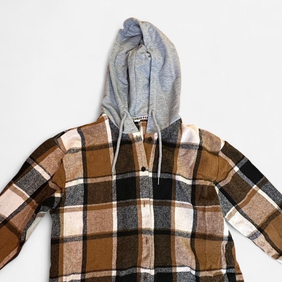 Women’s Black and Brown Plaid Flannel Hoodie shacket size Large - Picture 3 of 6